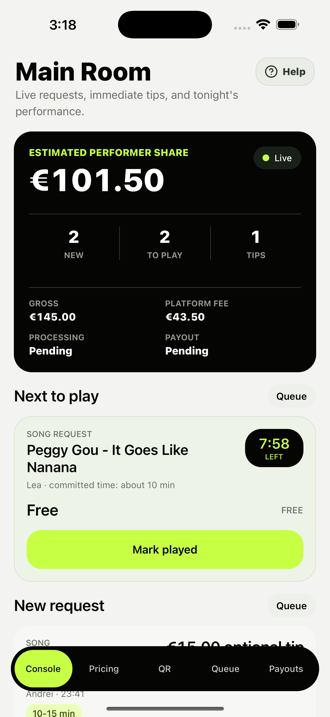 Live console with event controls, revenue and audience activity