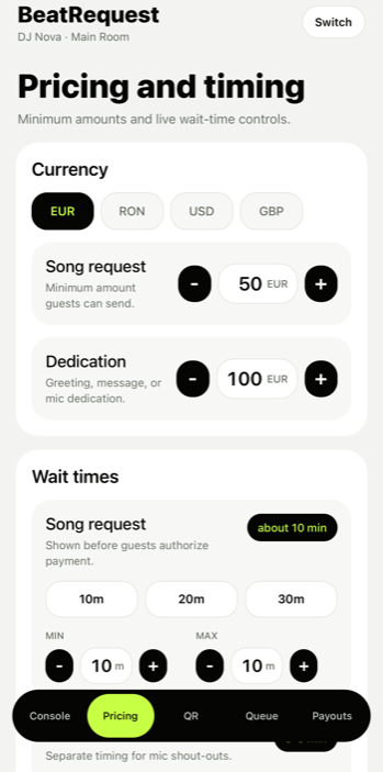 Pricing screen: minimums and wait times per request type